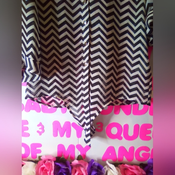 $098👉🏼Women's Teens Black🖤/White🤍 Zebra🦓 Striped Blouse - Picture 6 of 8